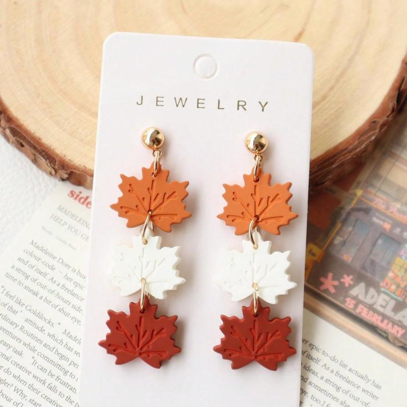 1 Pair Acrylic Maple Leaf Earrings, Baked Paint Soft Clay Texture Retro Earrings, Long Maple Leaf Triple Strand