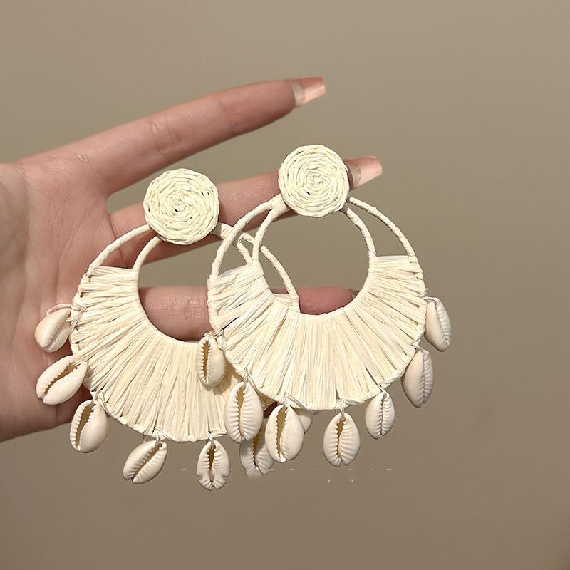 Raffia Shell Conch Pendant Earrings Seaside Vacation Atmosphere Earrings Niche Fashion Versatile Earrings