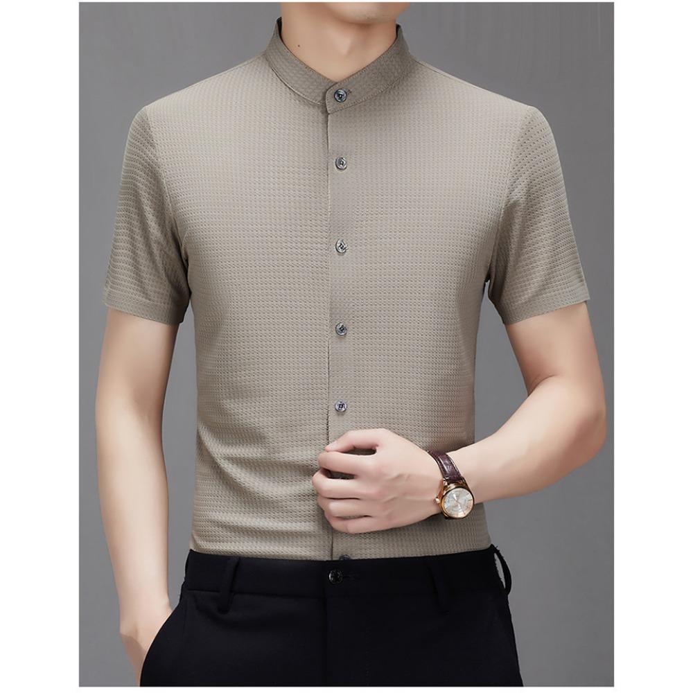 

Мужская прохладная рубашка с коротким рукавом, летняя тонкая рубашка в клетку со стойкой, китайский стиль, без воротника, рукав до локтя 4XL дубильная кора