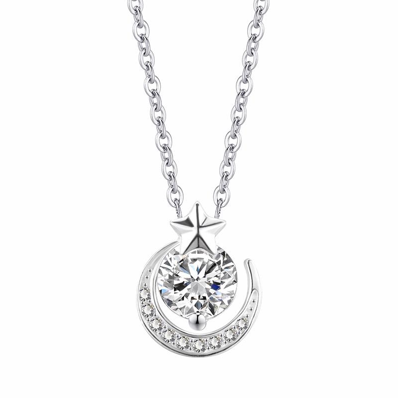 S999 Sterling Silver Star and Moon Zircon Necklace - Elegant Light Luxury Design for Women