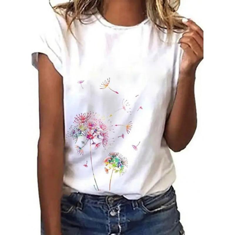 Women's T-shirt with flower print T-shirt top, girls' clothing, summer short sleeved T-shirt, V-neck casual holiday women's T-shirt