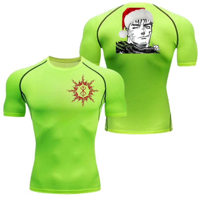 Guts Santa Hat Graphic Compression Shirts Men Gym Workout Running Tshirt Summer Athletic Quick Tees Tops Short Sleeve Rash Guard