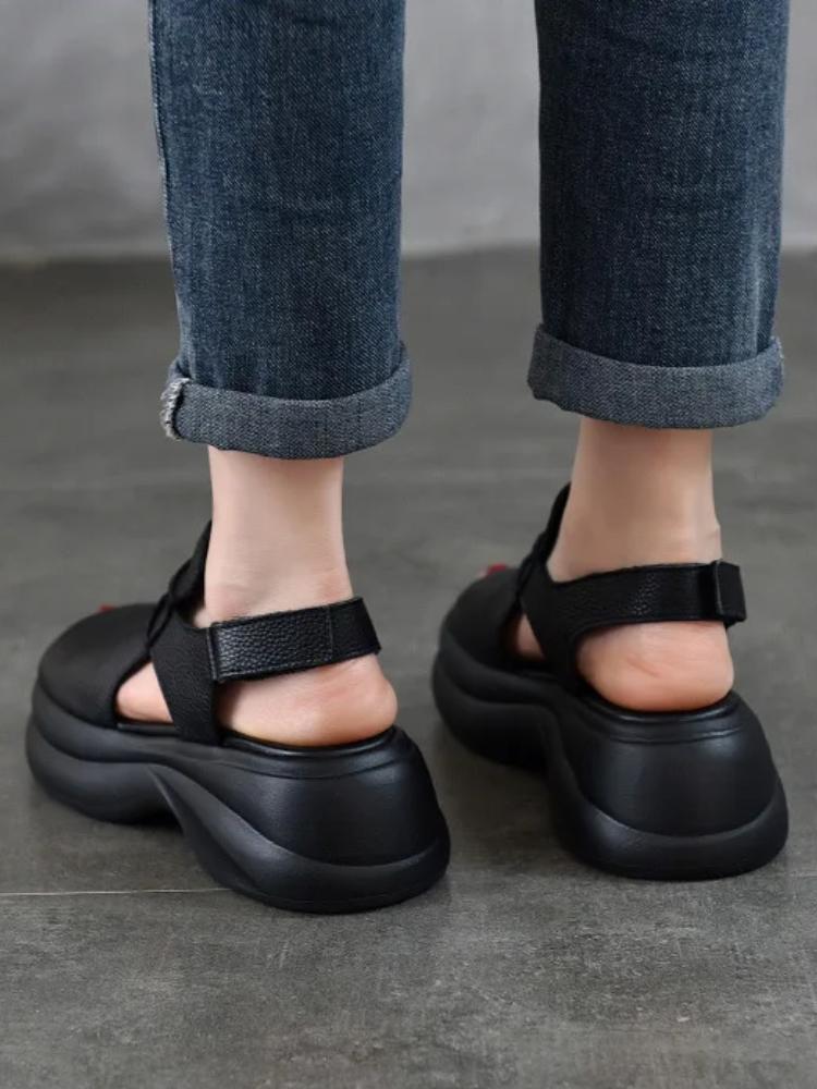 Johnature Sandálias Leves de Sola Grossa com Peep Toe Versátil Casual Couro Genuíno Sola Macia Sapatos Femininos