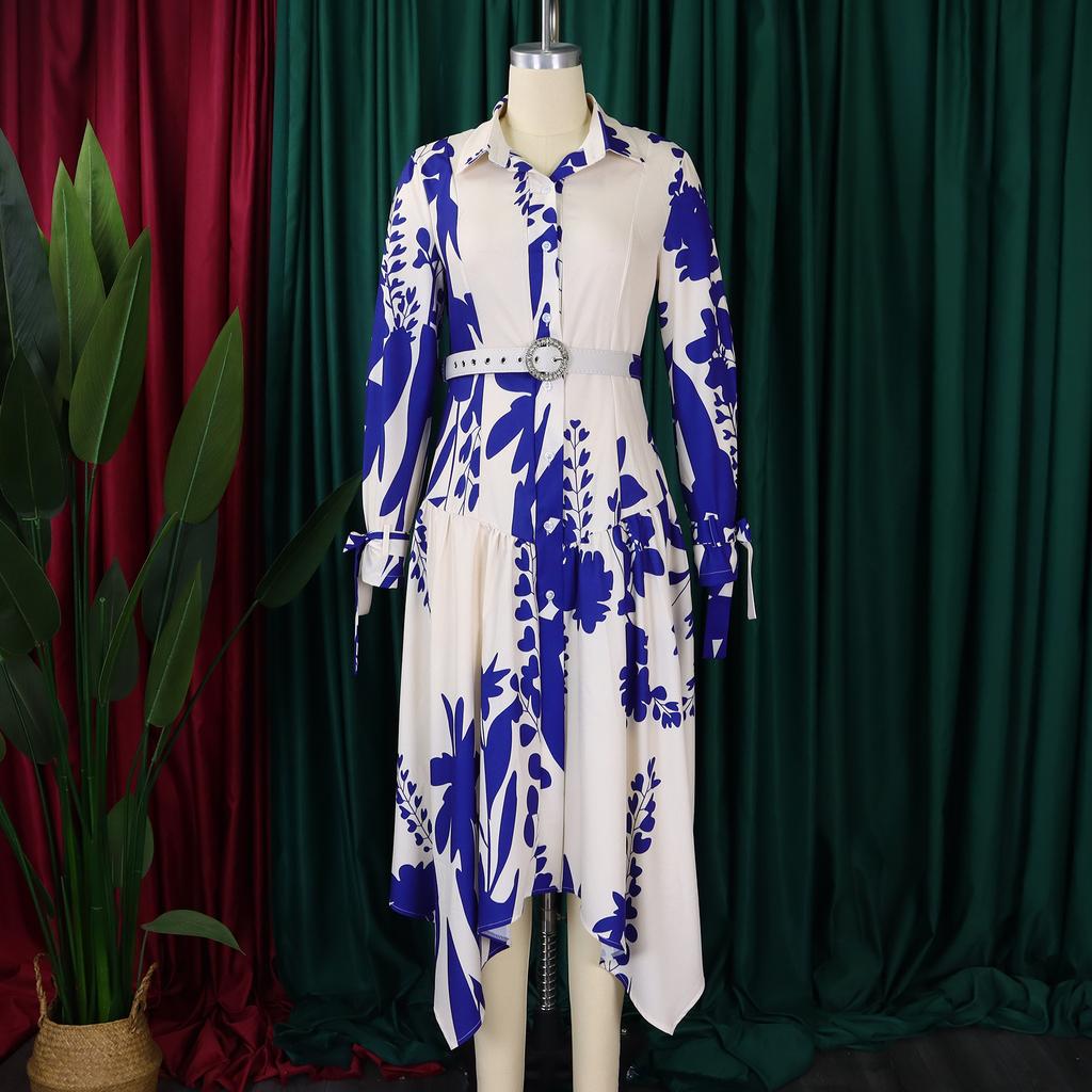 Übergröße Damenkleid - Blumendruck, Asymmetrischer Kragen, Stilvoll & Exportqualität