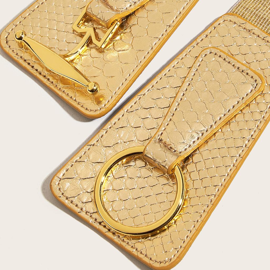 Damen Stretchgürtel Elegant Breites Korsett Dekorativ Glitzernd Metallic Kunstleder Elastischer Taillengürtel mit Legierungsschnalle