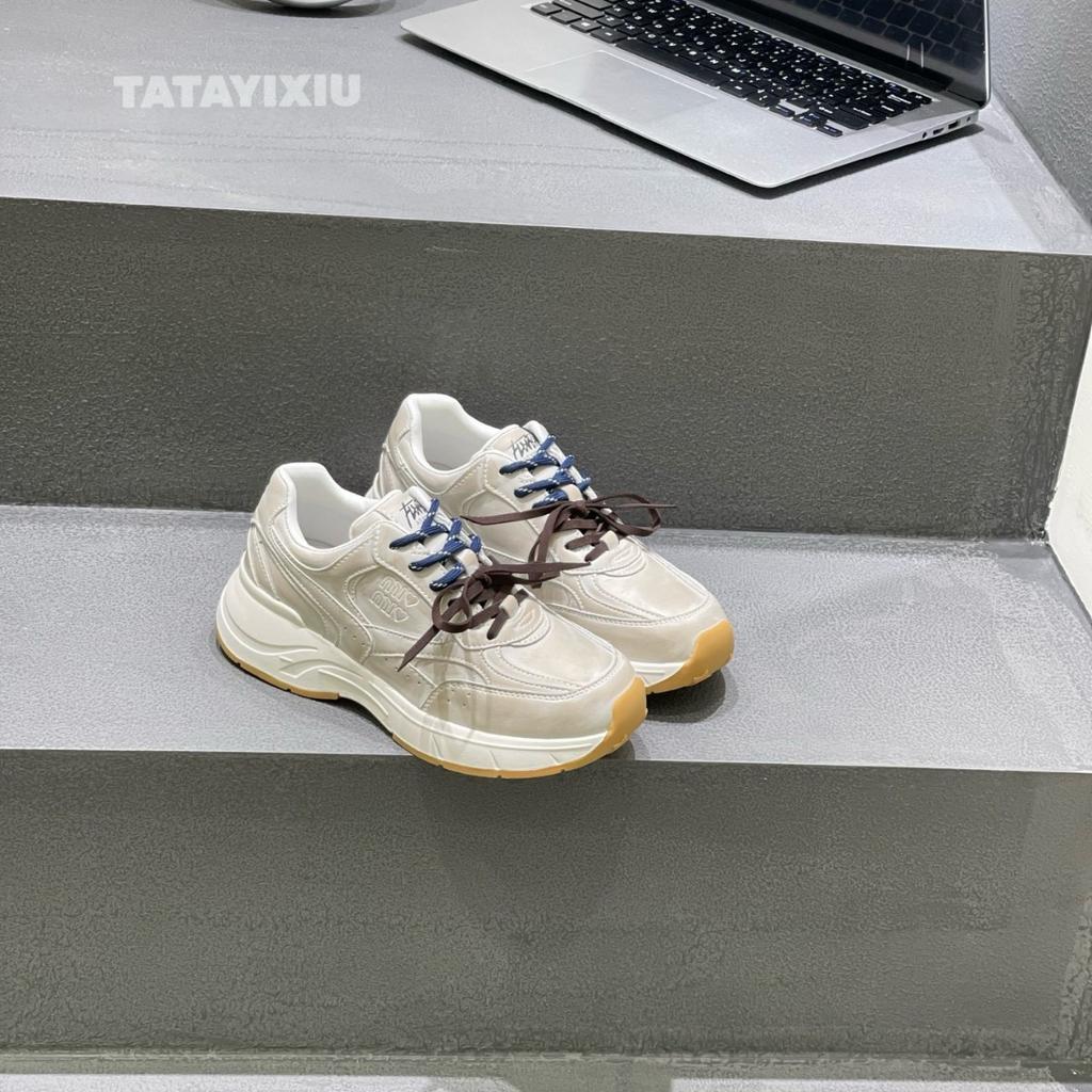 Leather mesh thick-soled retro round head lace-up sneakers women's 2025 new breathable and versatile casual Forrest Gump shoes