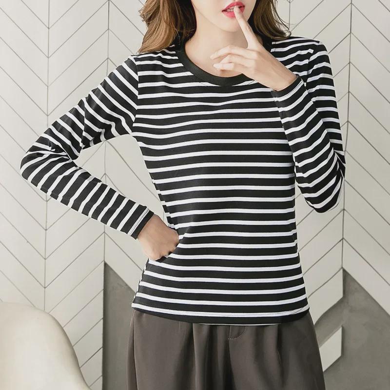 2024 Women's Loose-Fit Striped Long-Sleeve Cotton T-Shirt for Spring & Autumn, Age-Reducing, Plus-Size Slimming Top.