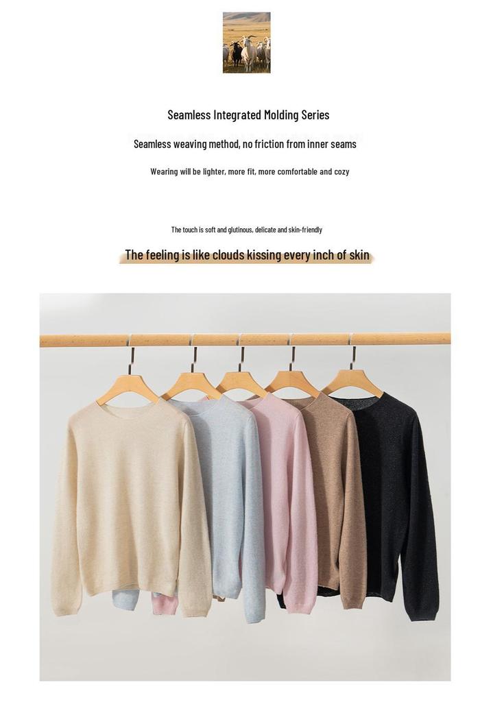 Women's 100% Cashmere Round Neck Loose Pullover Sweater, Long Sleeve, Solid Color Knitwear for Autumn/Winter