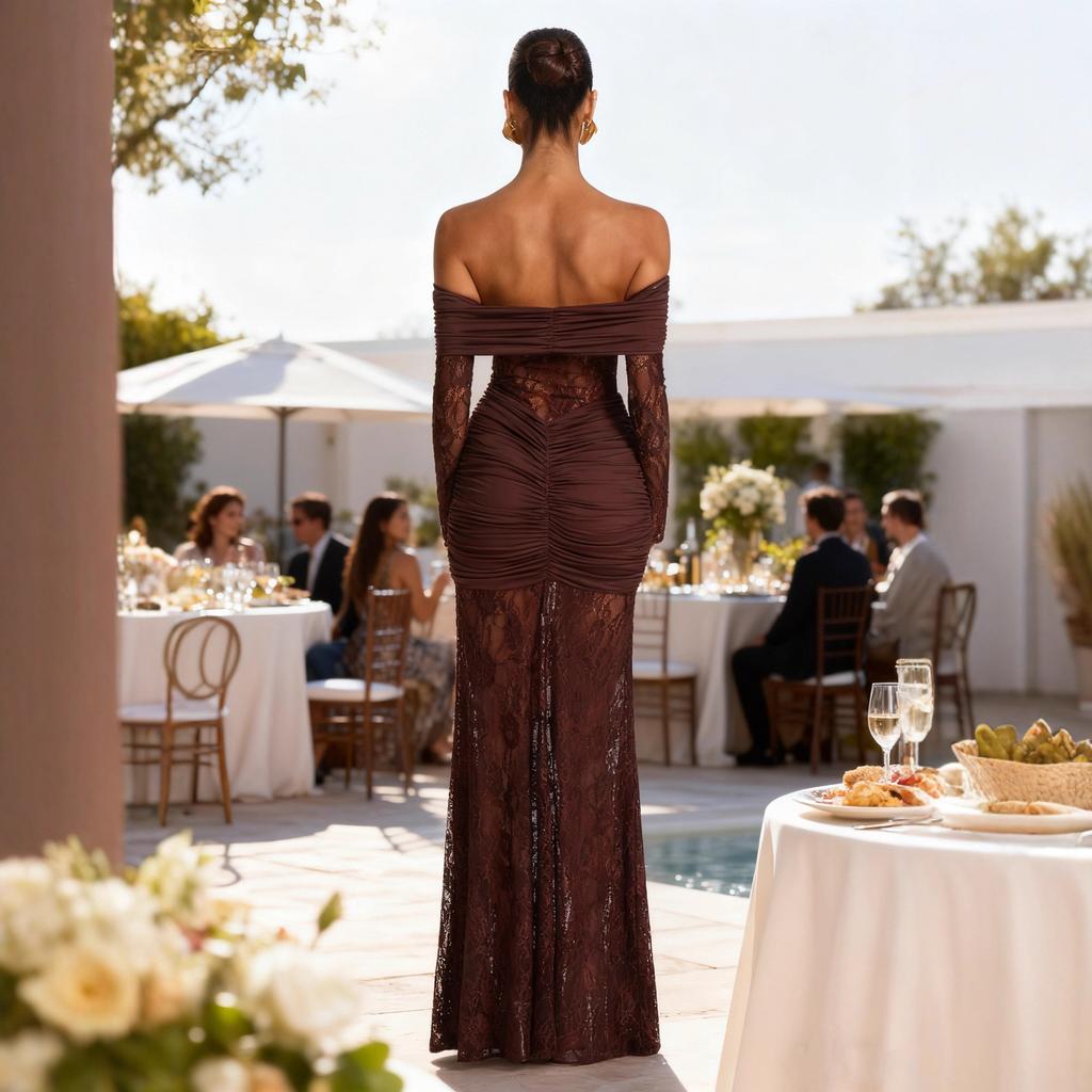 Temperament Lace One-word Collar Shoulderless Long Dress Fashion Sexy Long Sleeve Backless Slim Dress Women