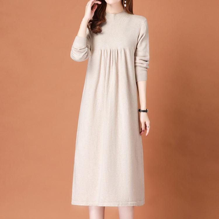 Knitted Dress for Women Loose Mid-length Sweater Long-sleeved Casual Sweater Dress for Autumn and Winter