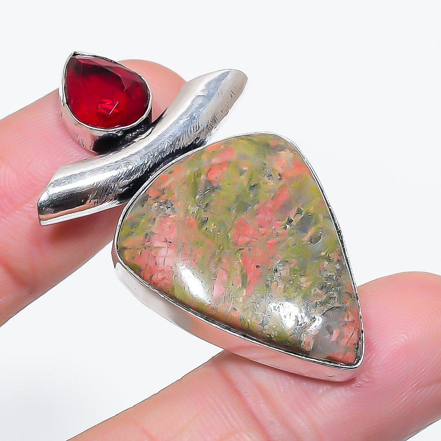 Natural Unakite, Garnet Gemstone 925 Sterling Silver Jewelry Pendant 1.97" R9o50