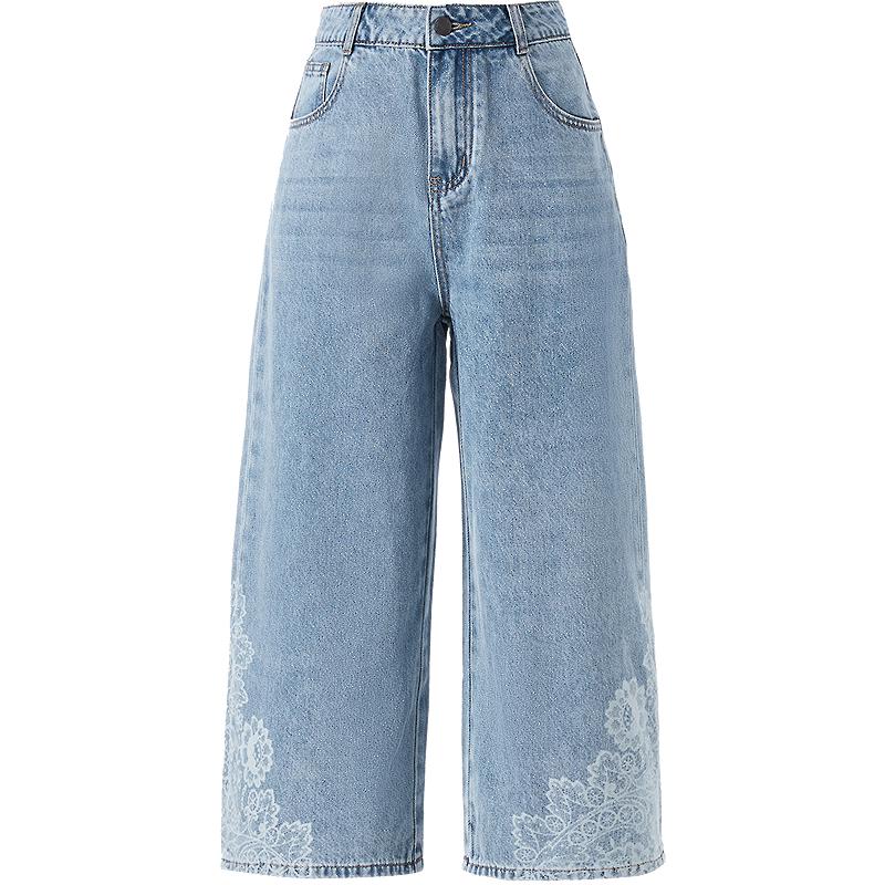 Betu Women s Imitation Lace Print Denim Wide-leg Cropped Pants L