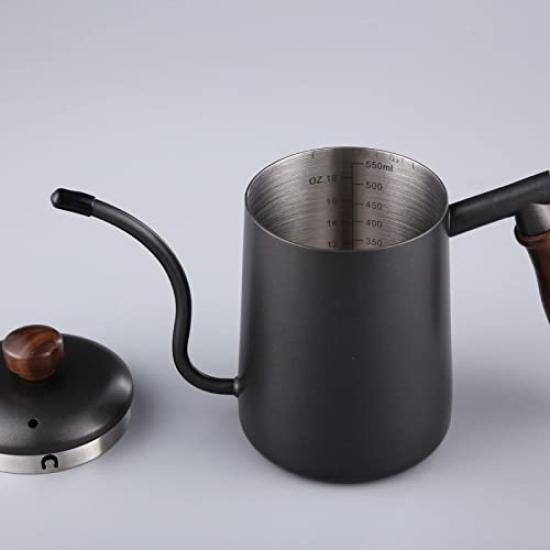 FUN COFFEE Kanvica na kávu Otvorený oheň 550ml Drip Pot Drevená rukoväť Drip Kettle s vekom Nerezová oceľ Čierna (co-0024)