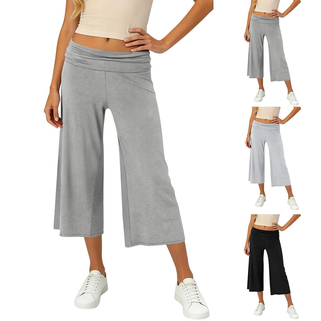 Pantaloni Capricci Larghi Elasticizzati a Vita Alta 3/4 da Donna Vestibilità Casual Pantaloni Lunghi con Tasche