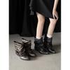 First Encounter Season Retro Solid Color Pleated Leather Buckle Belt Western Boots Women's Pointed Thick Heel Versatile Stacked Pants Boots