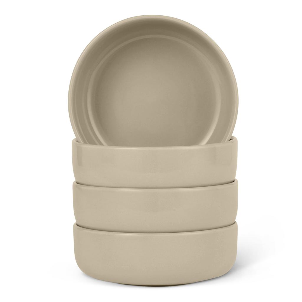 Amazon Basics Glazed Stoneware Bowl Set of Dishwasher Linen Gray 4, Safe, 14.0cm,