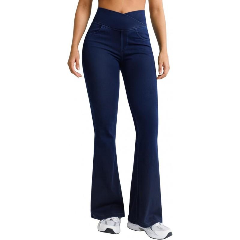 Womens High-Waisted Flared Jeans Vintage Pocket Design Stretch Slim Bootcut Denim Pants