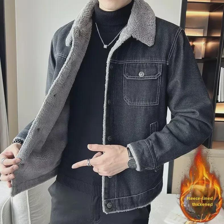 Men's 2024 Slim Korean Denim Jacket with Velvet Lining and Lapel – Plush Winter Style