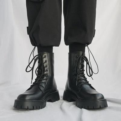 Heren Zwarte Hoge Soft Leer Martin Boots: Britse Stijl, Dikke Zool, Hoogteverhogend, Koreaanse Trend, Herfst Motorrij- & Werkkleding.