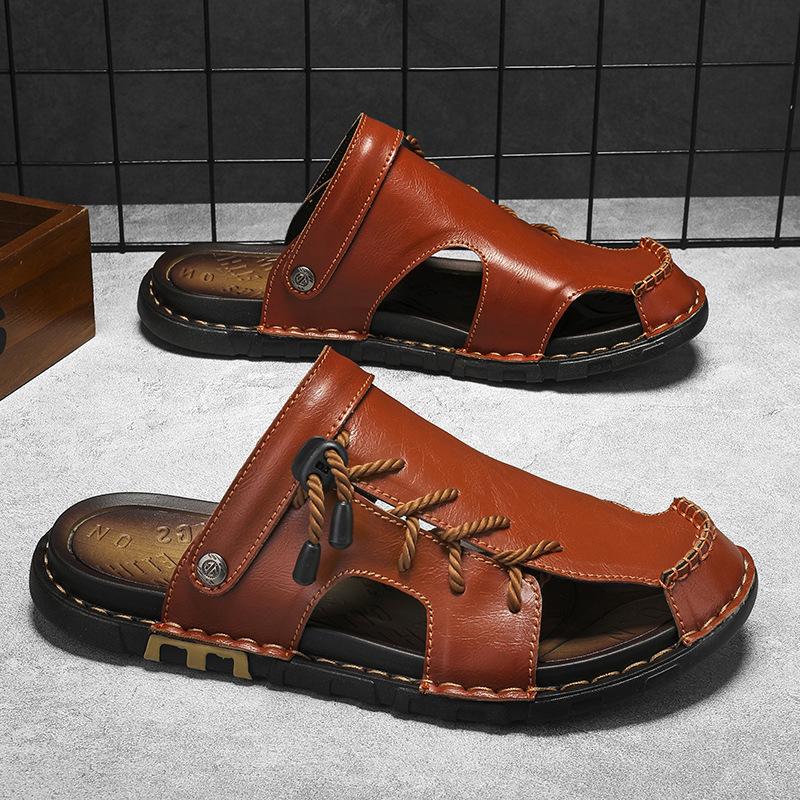 Leather Men Water Beach Sandals Summer Outdoor Casual Closed Toe Sports Sandals Non-slip Soft Hiking Wading Sneakers