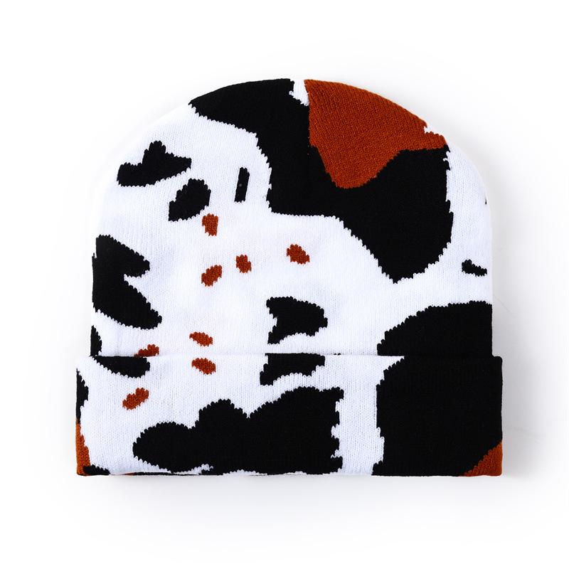 New Cross-border Winter Toque Beanie Cow-pattern Jacquard Warm Short-style Knitted Wool Unisex Street Style Hat