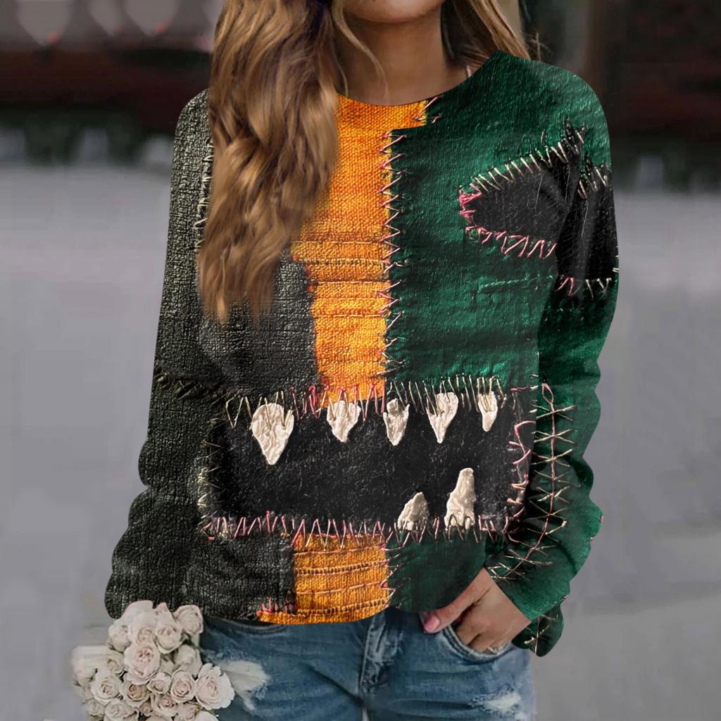 Women's Casual Long Sleeve Neck Halloween Print Sweatshirt Top