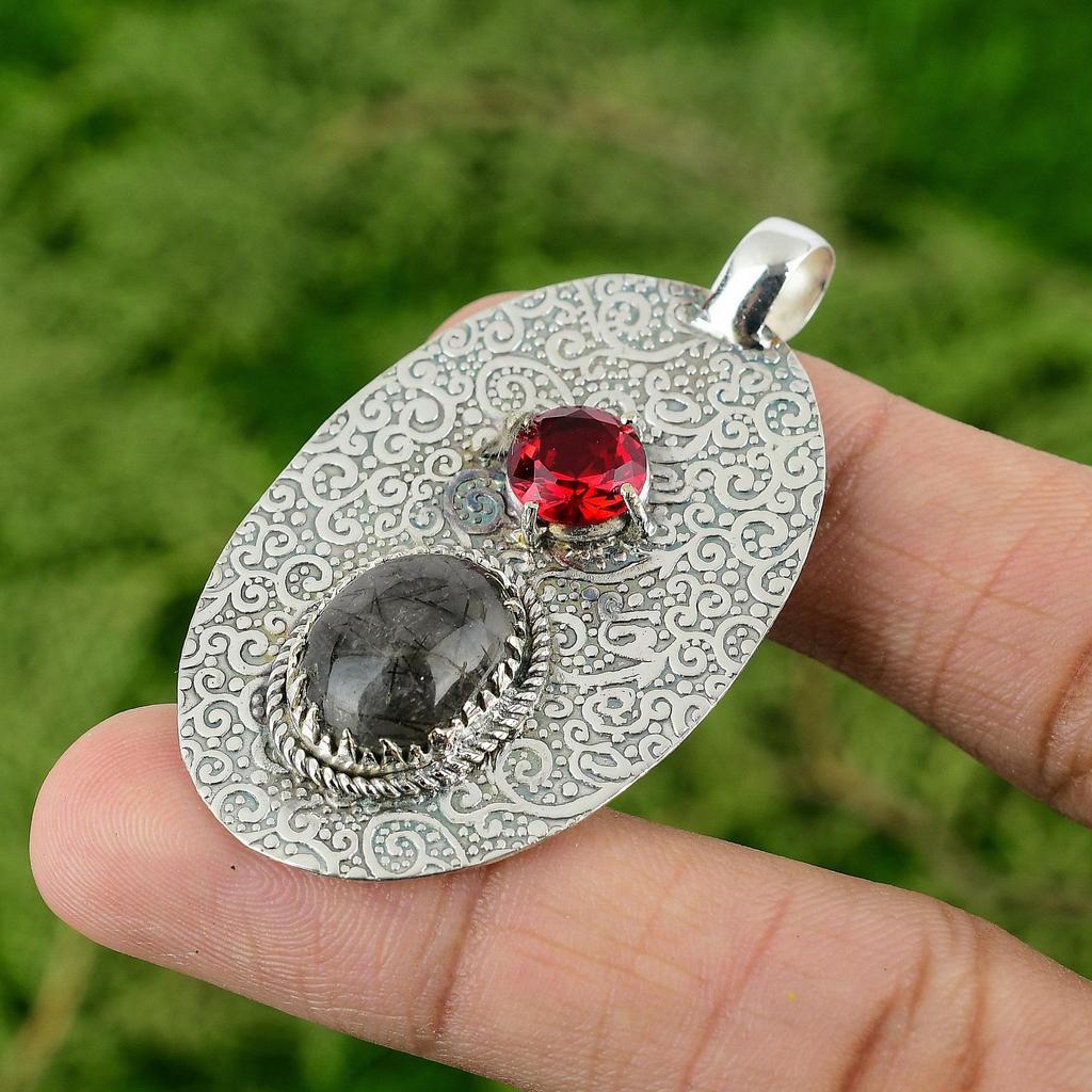 Natural Black Rutilated Quartz Rubellite Sterling Silver Wedding Elegant Pendant