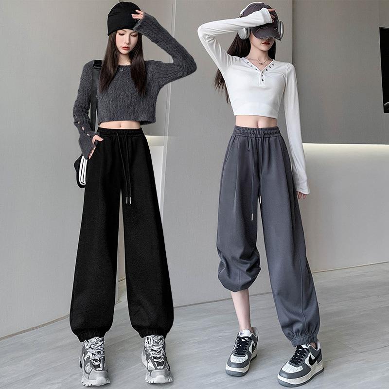 Grey sweatpants women's spring and autumn new high waist wide legs thin sweatpants small casual tied feet Harlan pants