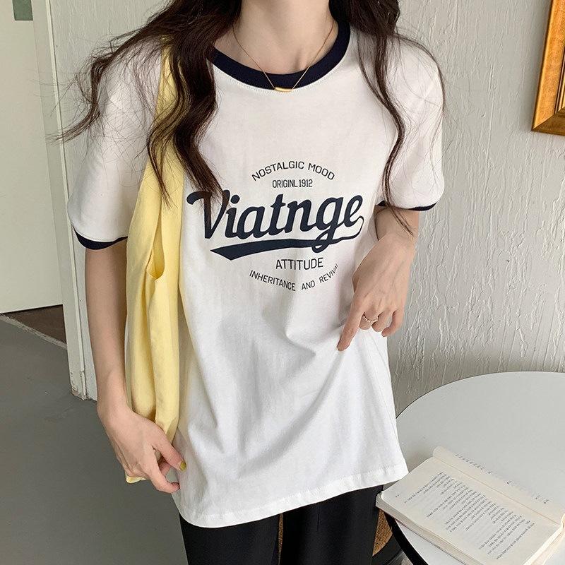 

Pure cotton shoulder back bag collar American retro printing contrasting color front shoulder short-sleeved t-shirt women s trend S белый