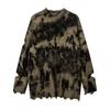 Mens Oversized Crewneck Knit Sweater With Tie-Dye Print Crochet Hole Detail Loose Fit Streetwear