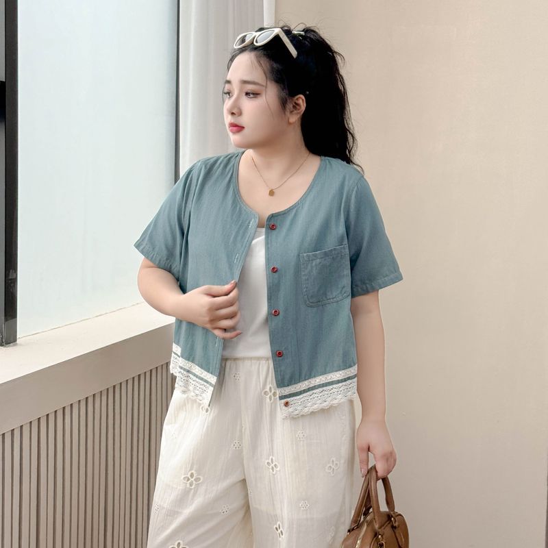 

Plus size women clothing [Preppy Demin shirt] Early Autumn New round Neck Lace Stitching Design Chic Short coat