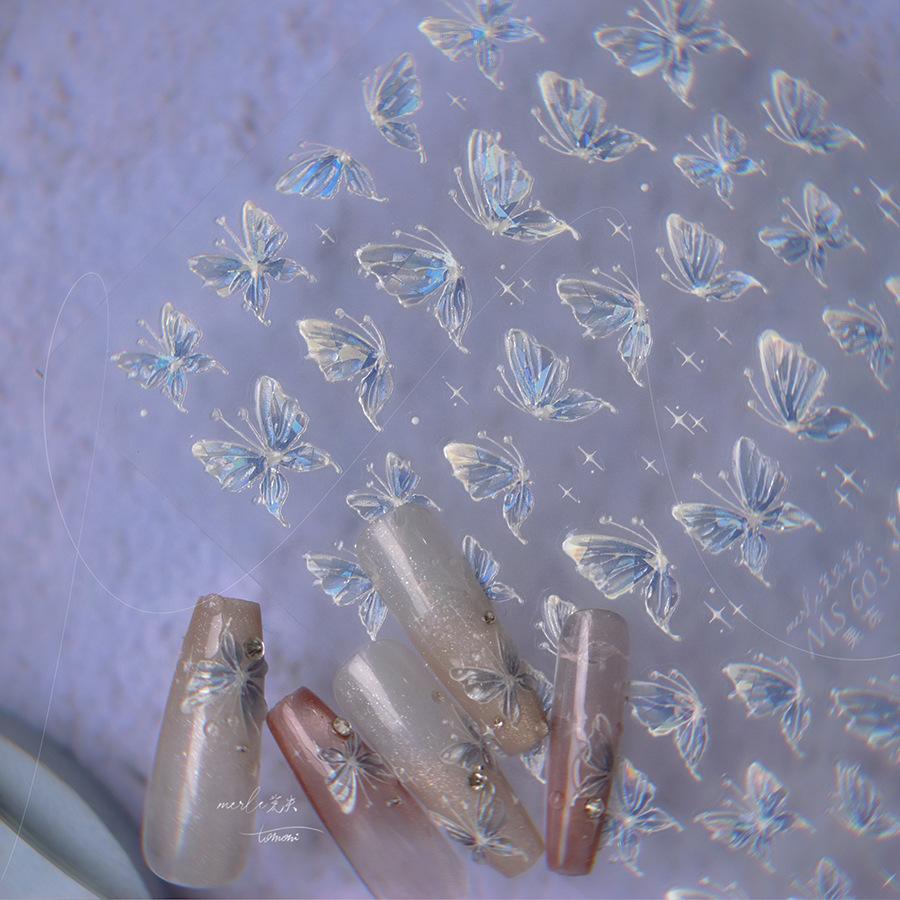 1 Piece 5D Retro Colorful Hand-painted Butterfly Nail Stickers Shell Light Butterfly Rhinestone Soft Relief Nail Art Stickers