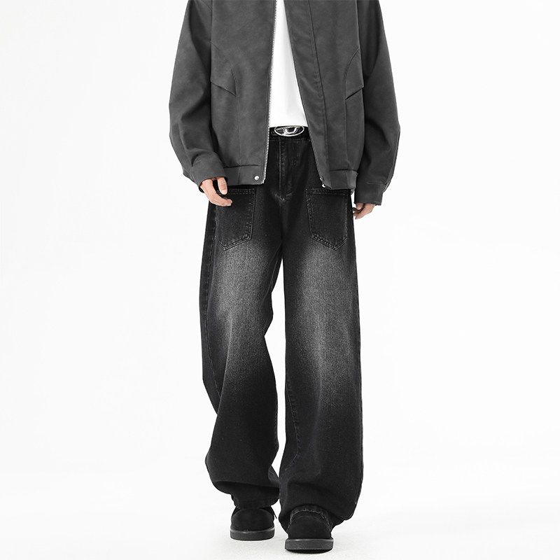 Wassup Trendy Retro Washed Distressed Jeans for Men, Loose Fit, Cool Gradient Color Casual Wide-Leg Straight Pants