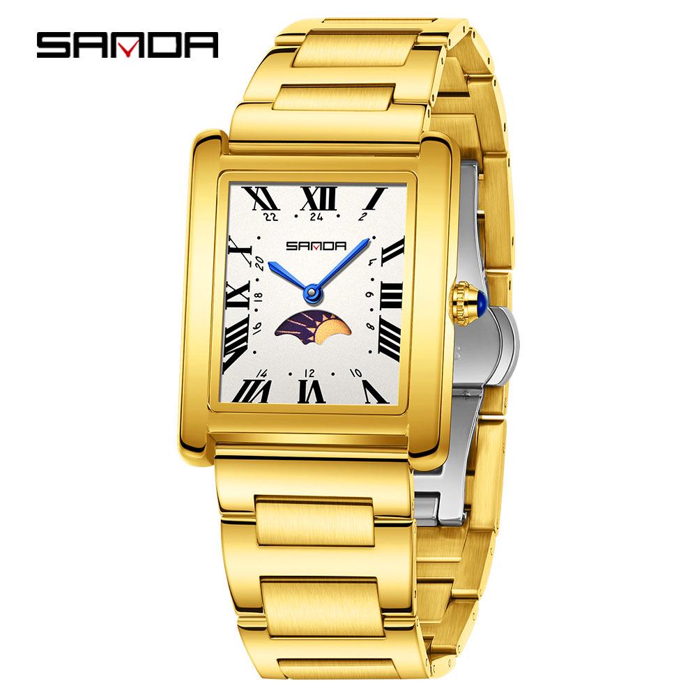 Sanda Women's Retro Quartz Waterproof Watch with Roman Numerals, Moon Phase, and Light Luxury Design - Square Model 9122.
