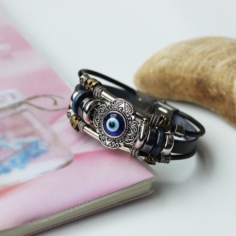 Lucky Eye Turkish for Evil Eye Bracelets For Men Women Punk Style Flower Handmade Jewelry Multilayer Black Leather Bangl