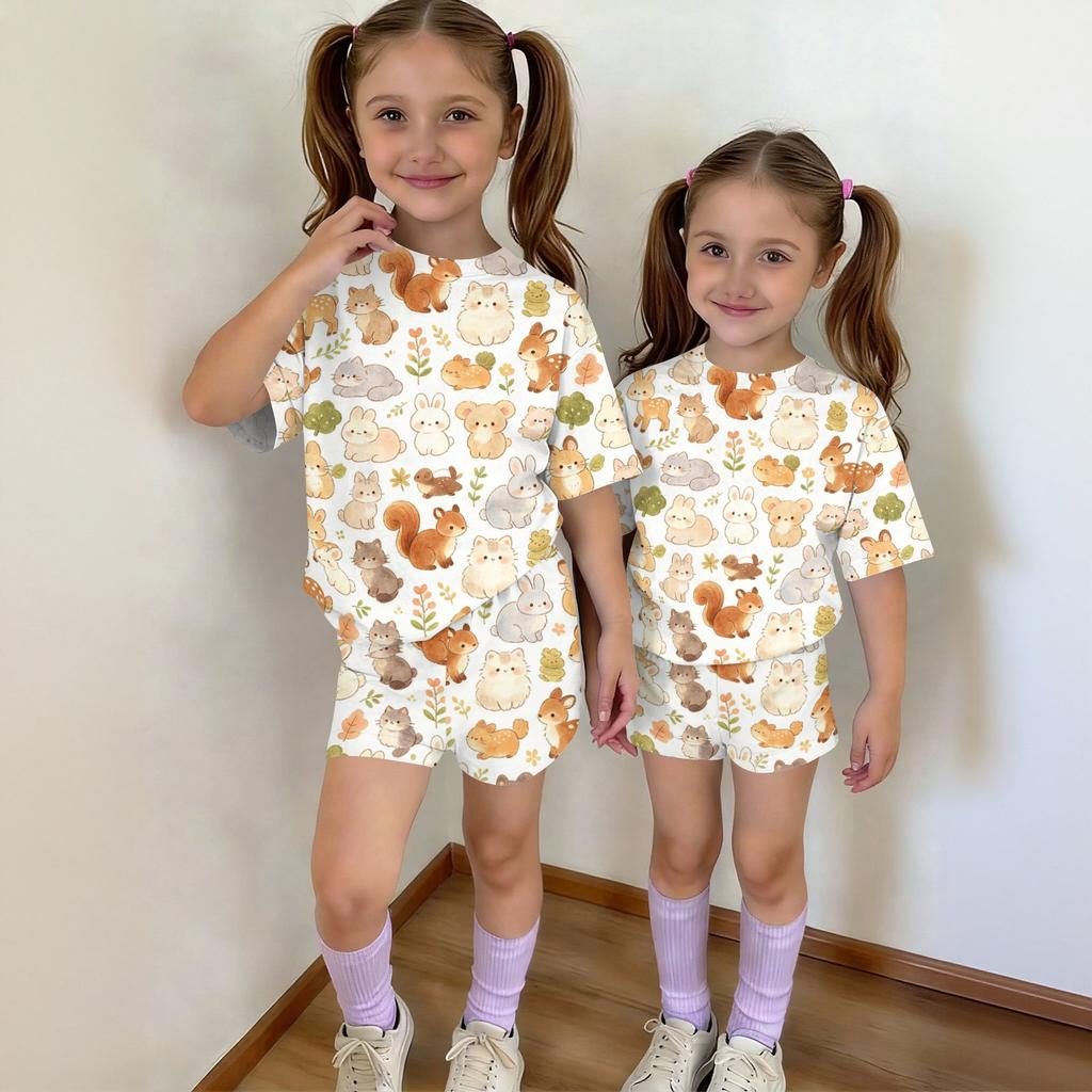 Kids Casual Short Sleeve Top and Shorts Set Animal Print Soft Comfortable Lightweight Summer Outfit for Boys and Girls