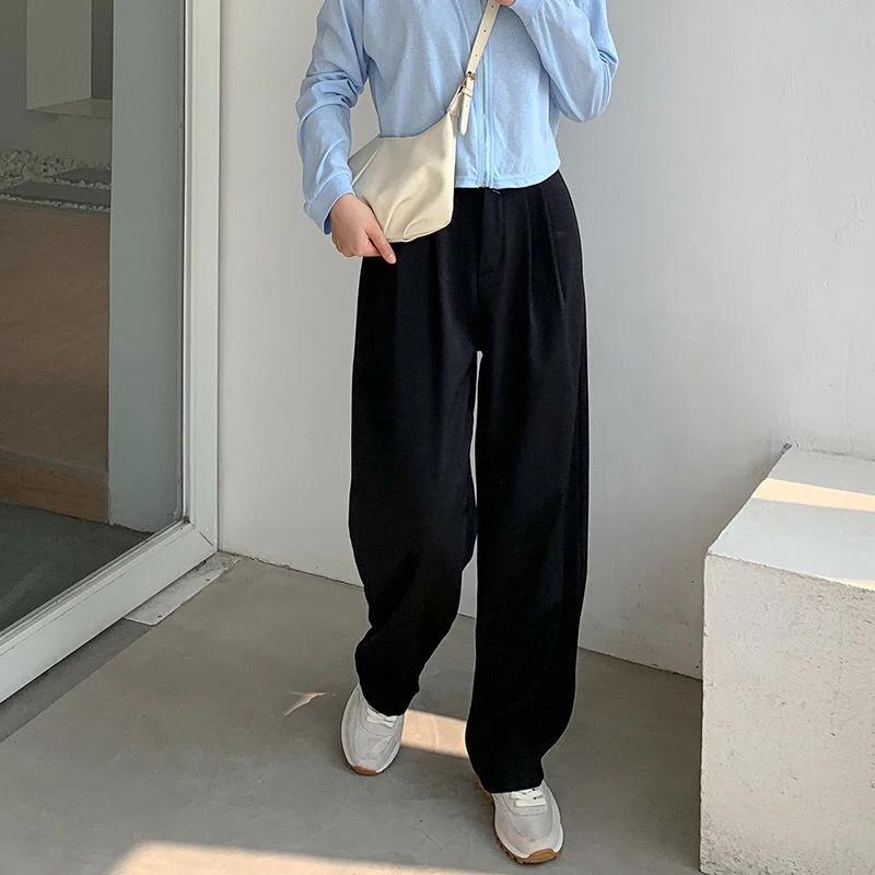 High Waist Women Suit Pants Fall Straight Office Ladies Korean Fashion Trousers Casual Button Loose Female Black Pants