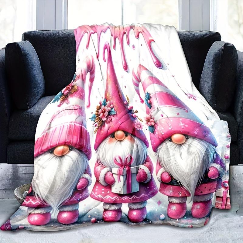 Cozy Christmas Gnome & Bell Print Flannel Throw Blanket - Soft Warm and Versatile for Couch Office Bed Camping and Travel