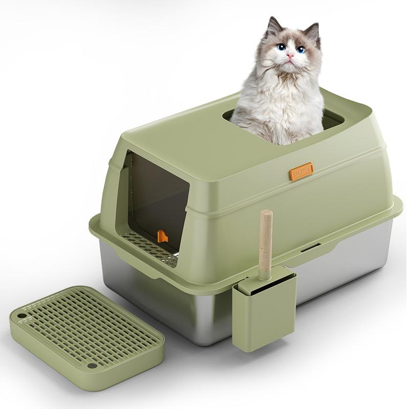 Cat Litter Box Large Spaces Fully Enclosed Deodorized Cat Toilet Pet Splash Proof Stainless Steel Cats Bedpans Supplies