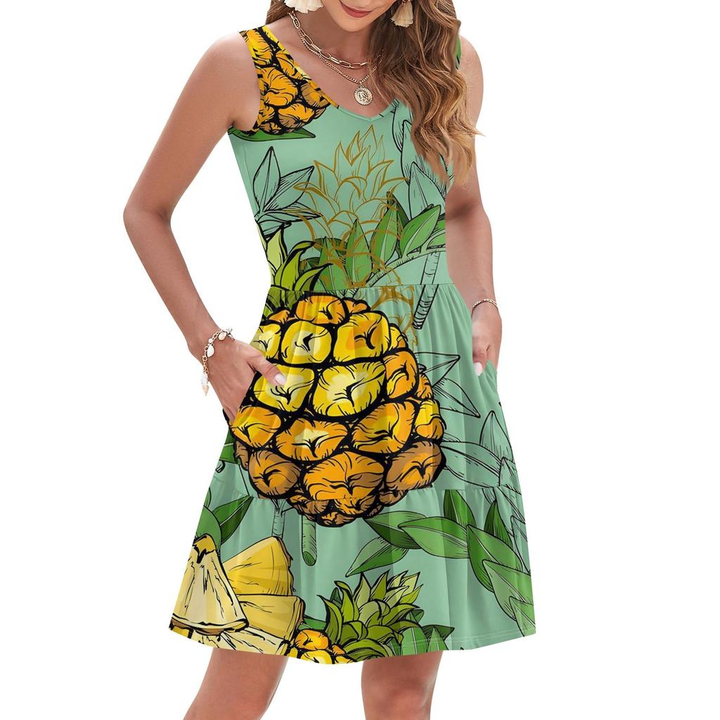 Women's Summer Fashion Casual V-Neck Pleated Stitching Hawaiian Floral Print Sleeveless Pocket Vest Dress