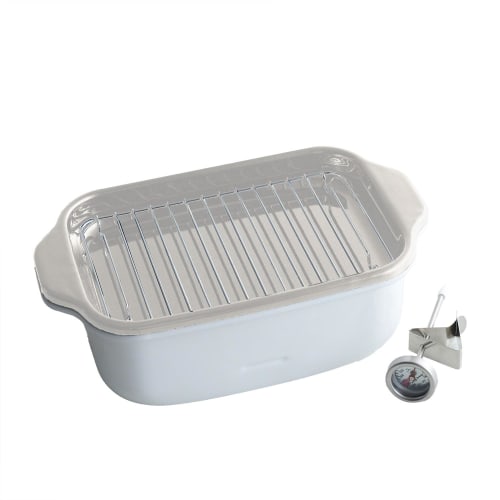 Fuji Enamel Square Tempura Pot, IH Compatible, with Thermometer, Frying Net, and Tray, Custom Color: TP-20K.GG (Greige)