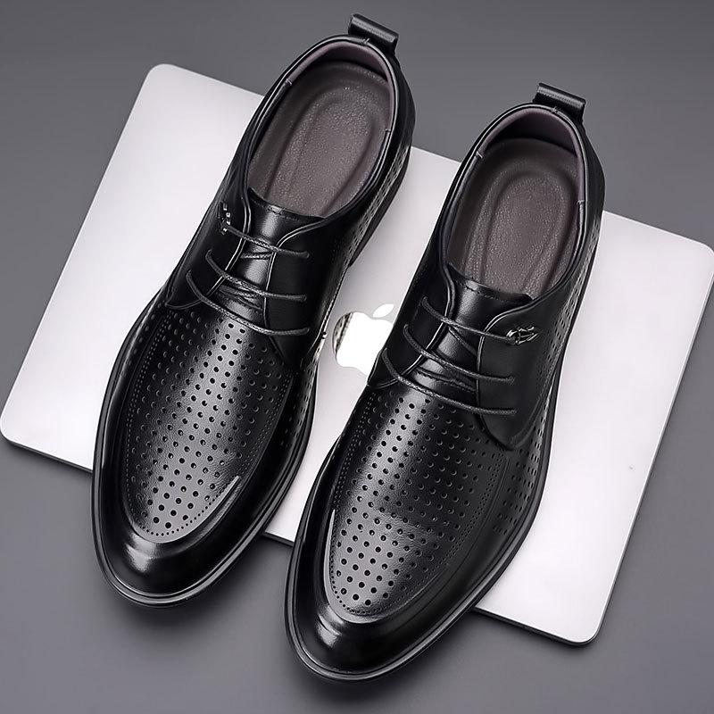 Men's summer leather shoes first layer cowhide business dress pointed hollow men's shoes breathable high-end leather casual shoes