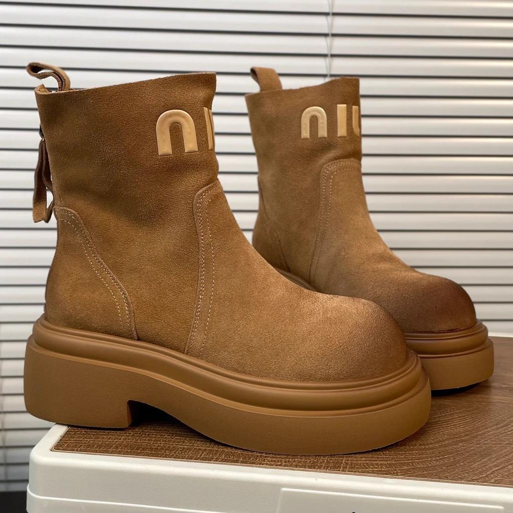 Frosted Letter Platform Short Boots Women's Slack Soft-soled Cowhide Chelsea Martin Boots Rear Zipper Shoes Tide