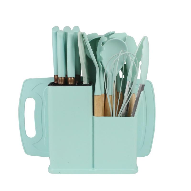 19dílná sada kuchyňského náčiní z tepelně odolného silikonu s nepřilnavým náčiním a noži v bambusovém úložném stojanu, ideální pro snadné vaření