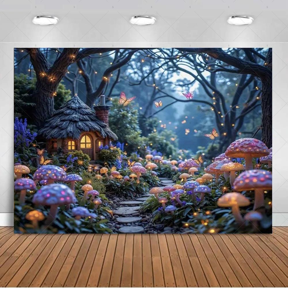 Dreamy Fairy Tale Forest Wonderland Theme Birthday Party Decorations Mushroom House Family Background Banner Stud2143