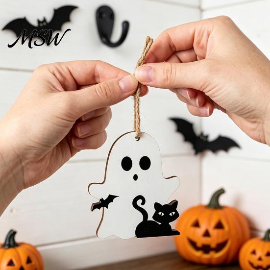 Seasonal Wooden Decorations Halloween Ghost Hanging Sign with Hemp Rope, Cute Rustic Pendants for Home Party Wall Holiday Decor