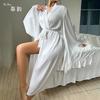 New Satin Pajamas Women's Lace Light Luxury Long-sleeved Cool Nightgown Bathrobe Women's Clothing
