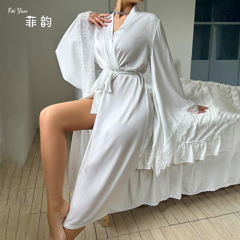 New Satin Pajamas Women's Lace Light Luxury Long-sleeved Cool Nightgown Bathrobe Women's Clothing