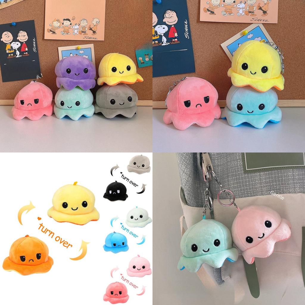 Adorables Porte-clés Peluche Pieuvre Réversible Charm Mignon pour Couple Jouet en Peluche Courte Coton PP