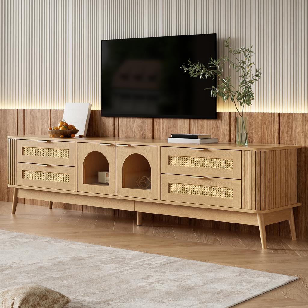 TV Cabinet, Tempered Safety Glass Doors, App-Controllable LED Lighting, Living Room Storage Cabinet, Chipboard, Solid Wood Legs, Four Drawers